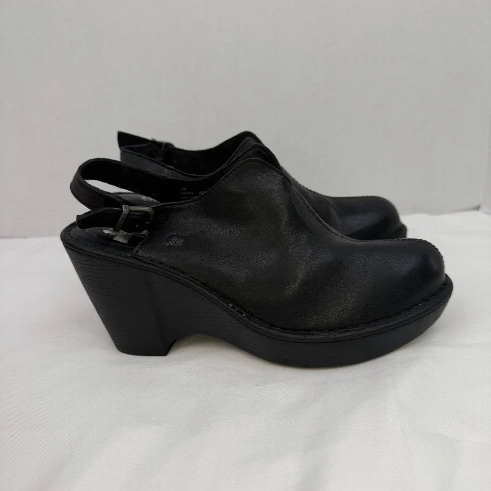 Born Black Leather Slingback Wedge Clogs D85503 Round Toe Platform Sandals 8M
